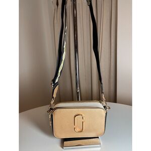 Marc Jacobs Snapshot Crossbody Bag Gold Black White w/ Gold Stripe Strap